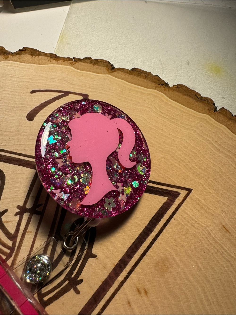 Pink Glitter Barbie  Silhouette Badge Reel